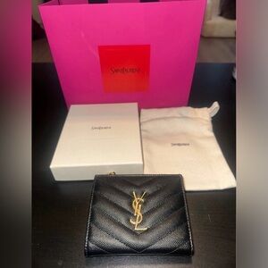 Saint Laurent Black Leather Wallet with Gold Logo